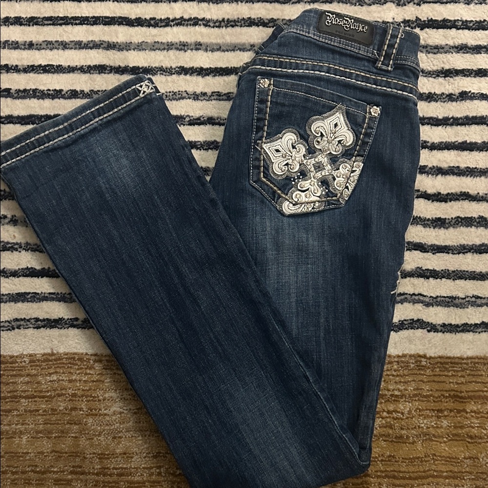Embroidered Boot Cut Jeans in Dark Blue